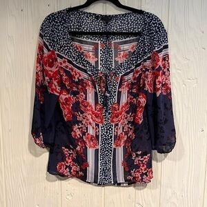 GUESS sheer boho blouse with puff 3/4 length sleeves tie at neck size medium